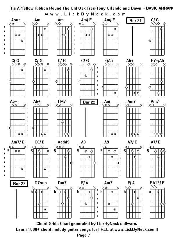 Chord Grids Chart of chord melody fingerstyle guitar song-Tie A Yellow Ribbon Round The Old Oak Tree-Tony Orlando and Dawn  - BASIC ARRANGEMENT,generated by LickByNeck software.